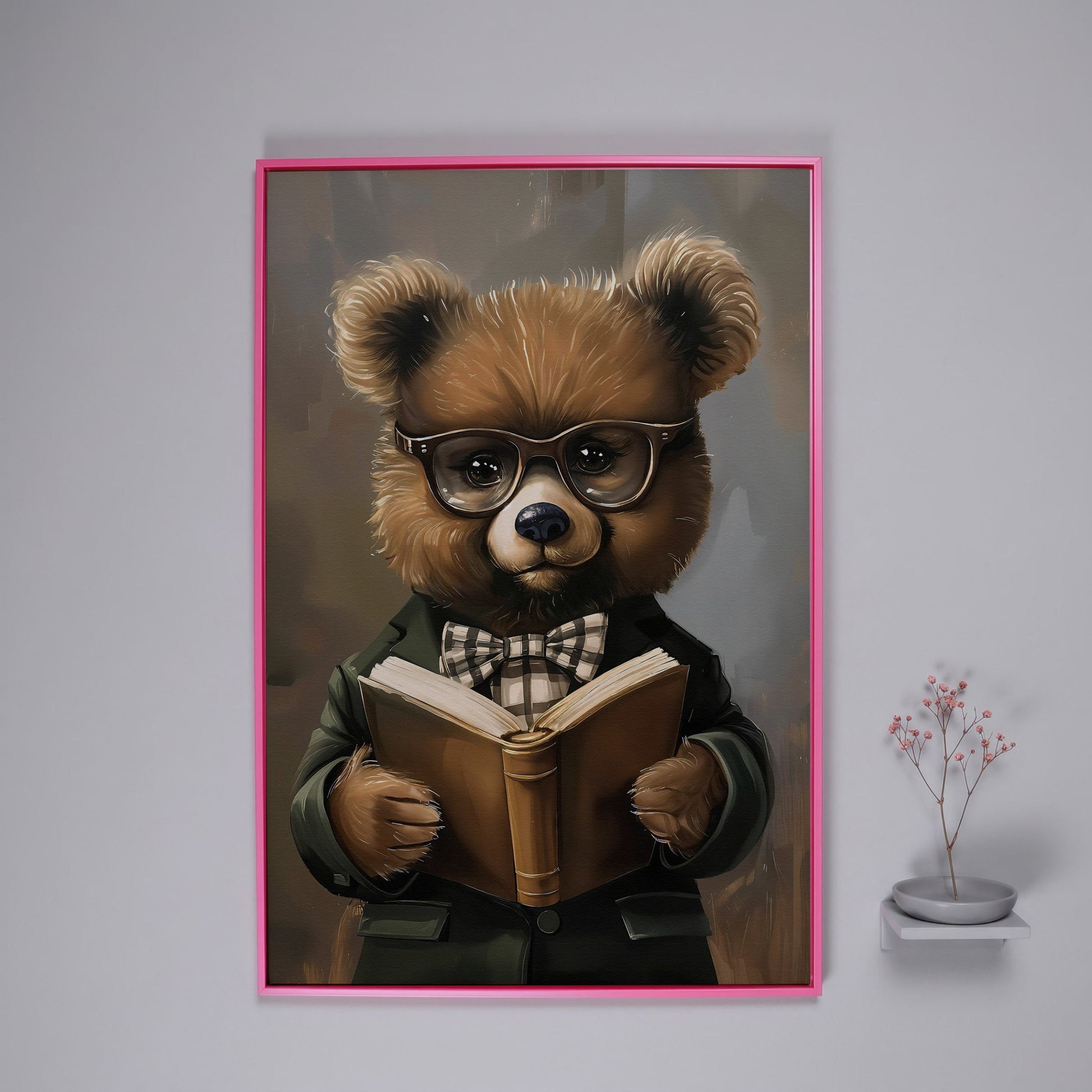 Dapper Bear Reading a Book. Anthropomorphic Animal Canvas Art in pink floating frame