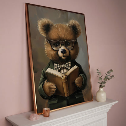 Dapper Bear Reading a Book. Anthropomorphic Animal Canvas Art in rose gold floating frame