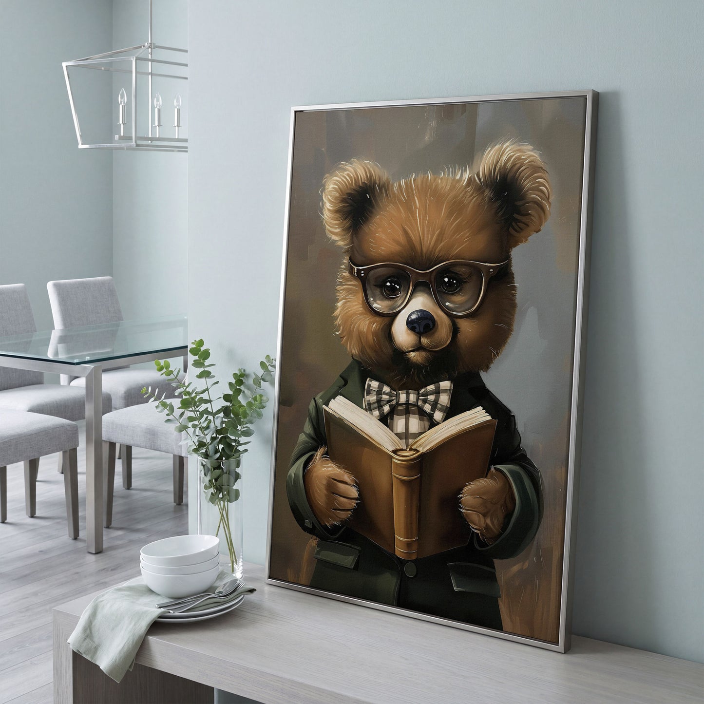 Dapper Bear Reading a Book. Anthropomorphic Animal Canvas Art in silver floating frame