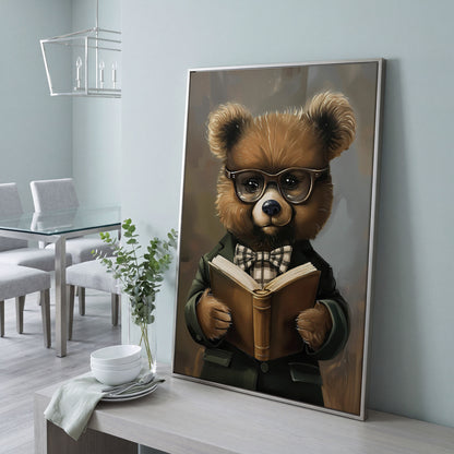 Dapper Bear Reading a Book. Anthropomorphic Animal Canvas Art in silver floating frame