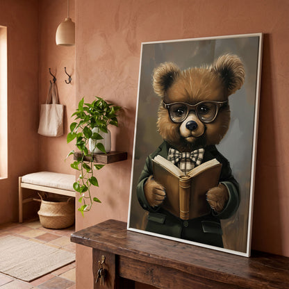 Dapper Bear Reading a Book. Anthropomorphic Animal Canvas Art in white floating frame