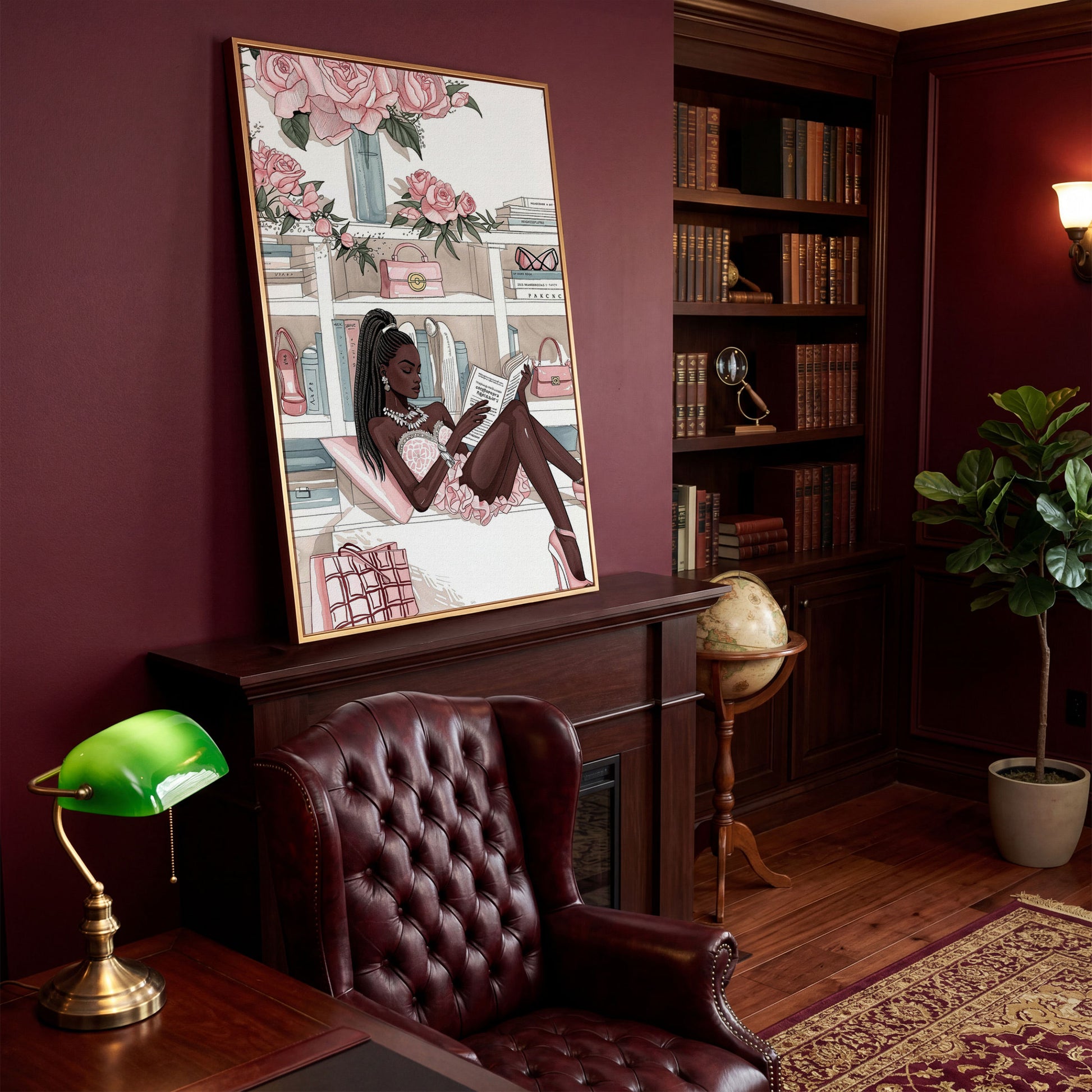 Black Woman Reading Canvas Art, Fashion and Luxury Glam Print in antique gold floating frame