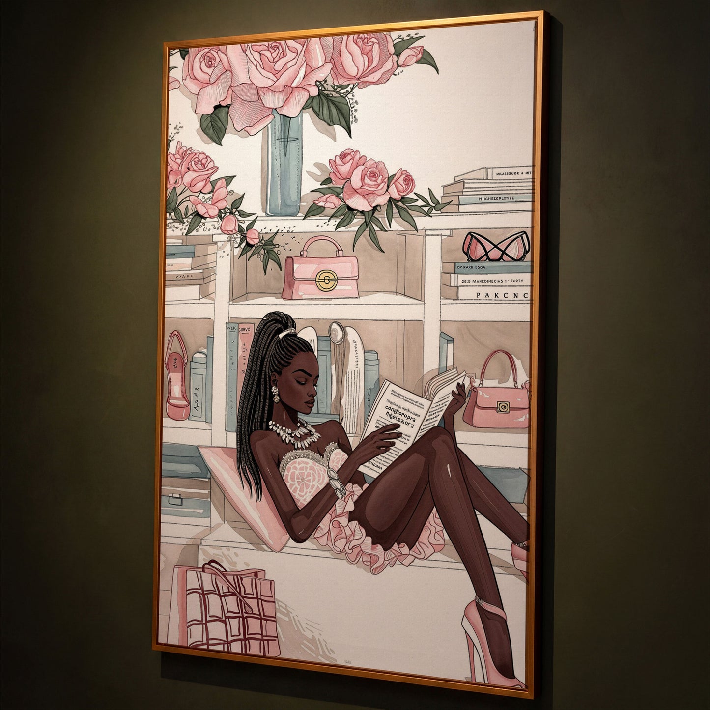 Black Woman Reading Canvas Art, Fashion and Luxury Glam Print shown in antique gold floating frame