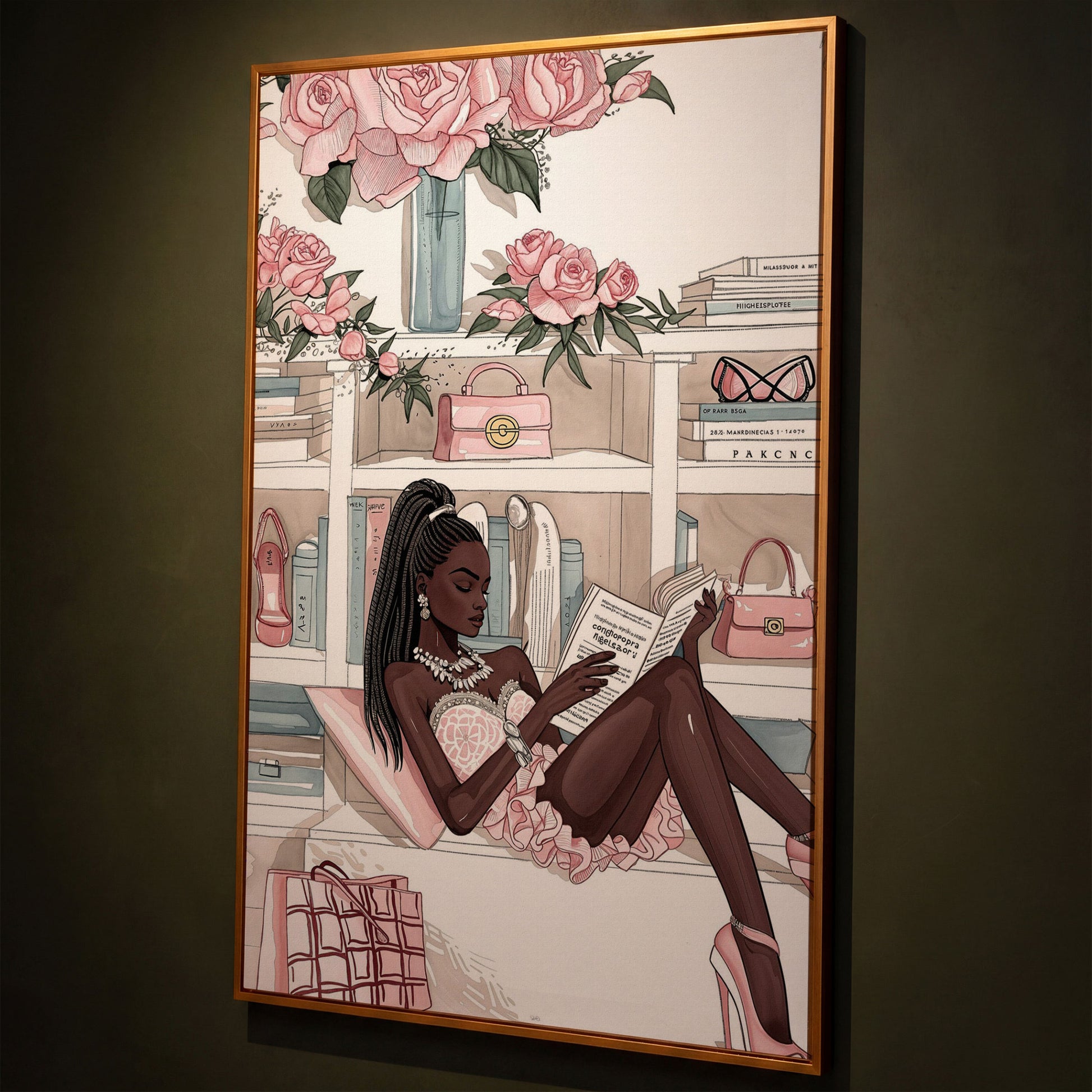 Black Woman Reading Canvas Art, Fashion and Luxury Glam Print shown in antique gold floating frame