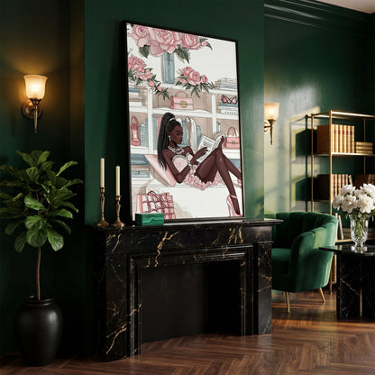 Black Woman Reading Canvas Art, Fashion and Luxury Glam Print in black floating frame