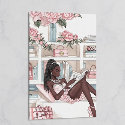 Black Woman Reading Canvas Art, Fashion and Luxury Glam Print on gallery wrap