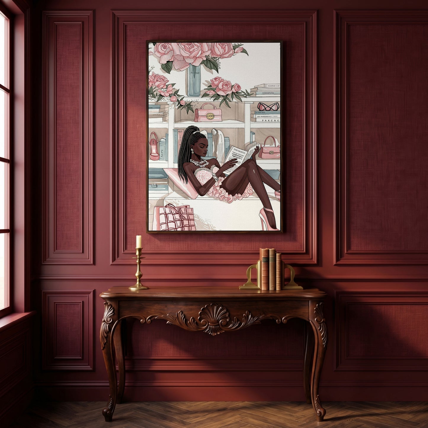 Black Woman Reading Canvas Art, Fashion and Luxury Glam Print in dark walnut floating frame