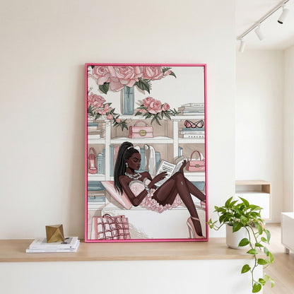 Black Woman Reading Canvas Art, Fashion and Luxury Glam Print in pink floating frame