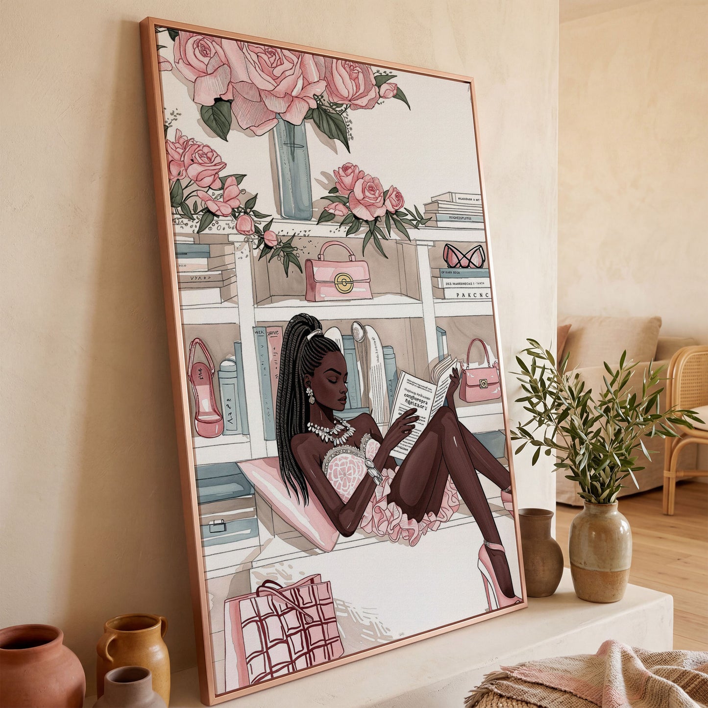 Black Woman Reading Canvas Art, Fashion and Luxury Glam Print in rose gold floating frame