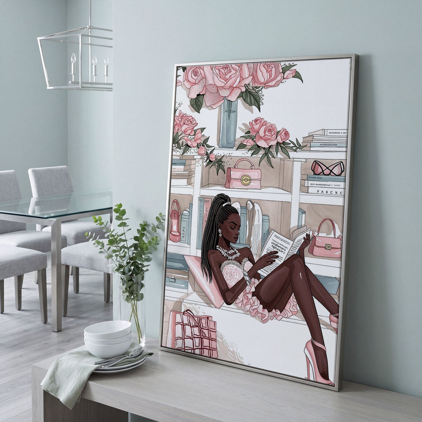 Black Woman Reading Canvas Art, Fashion and Luxury Glam Print in silver floating frame