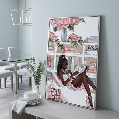 Black Woman Reading Canvas Art, Fashion and Luxury Glam Print in silver floating frame