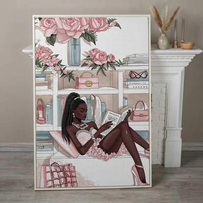 Black Woman Reading Canvas Art, Fashion and Luxury Glam Print in white floating frame