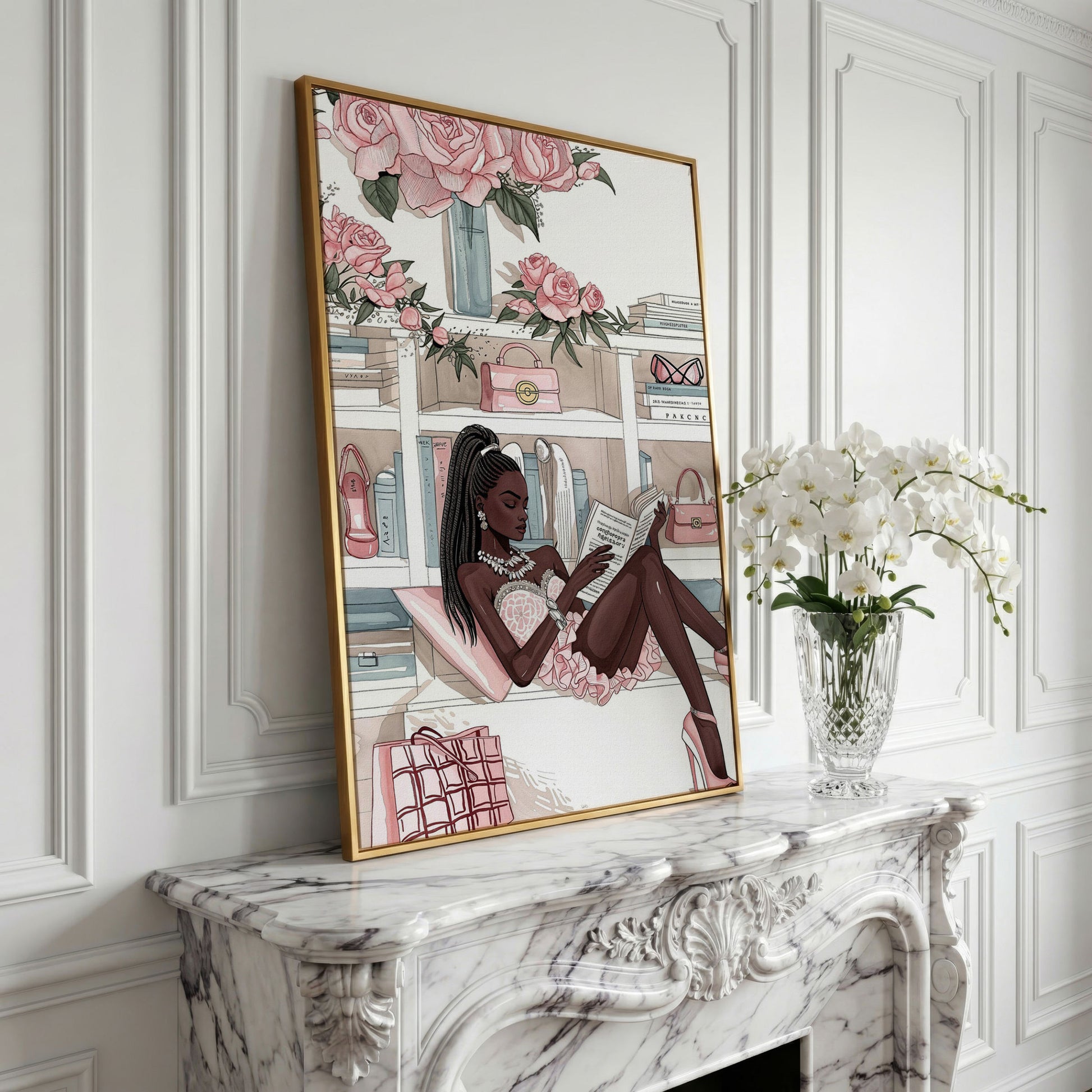 Black Woman Reading Canvas Art, Fashion and Luxury Glam Print in yellow gold floating frame