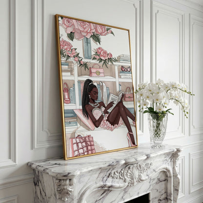 Black Woman Reading Canvas Art, Fashion and Luxury Glam Print in yellow gold floating frame