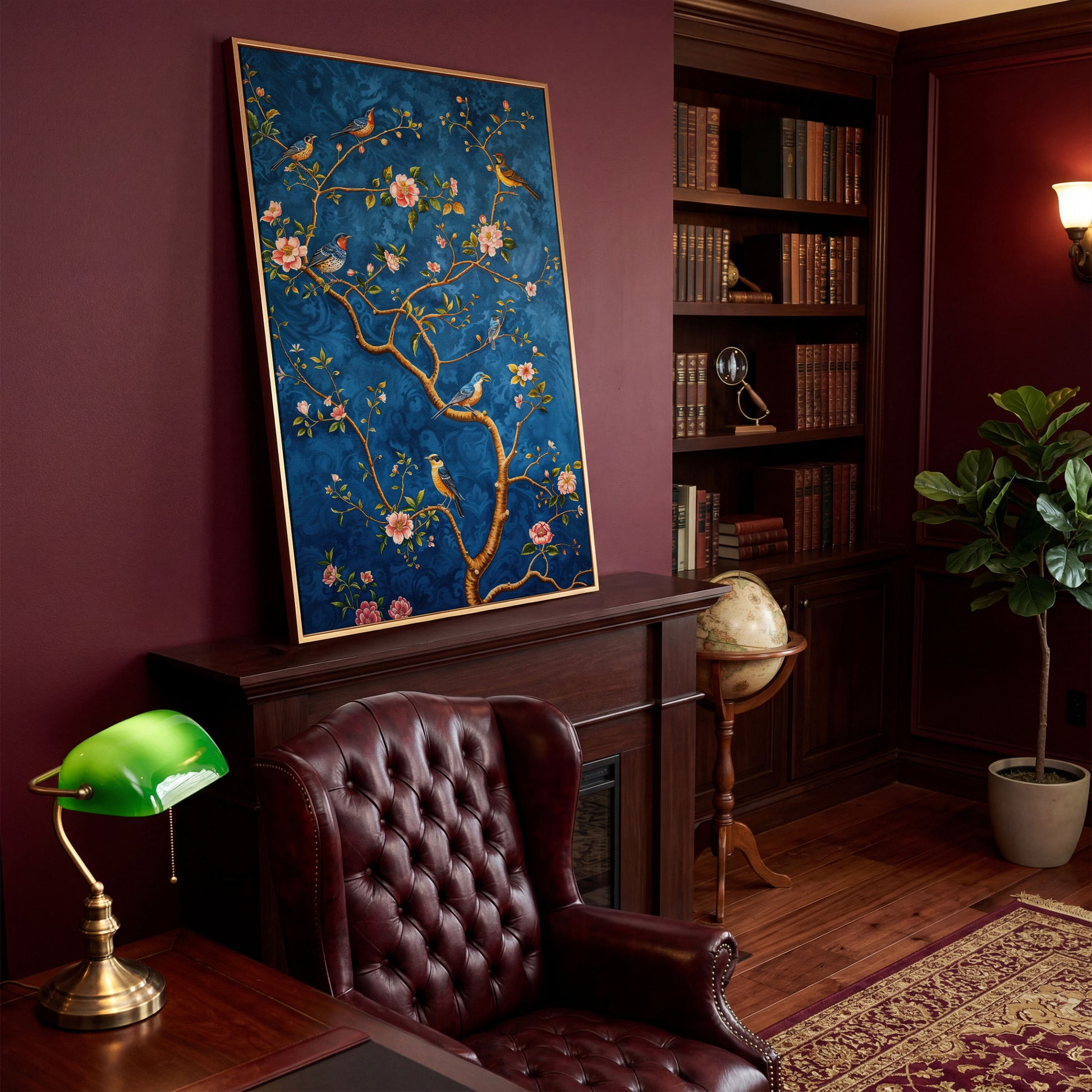 Botanical Birds Canvas Print. Chinoiserie Branch in Teal and Salmon in antique gold floating frame