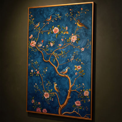 Botanical Birds Canvas Print. Chinoiserie Branch in Teal and Salmon shown in antique gold floating frame