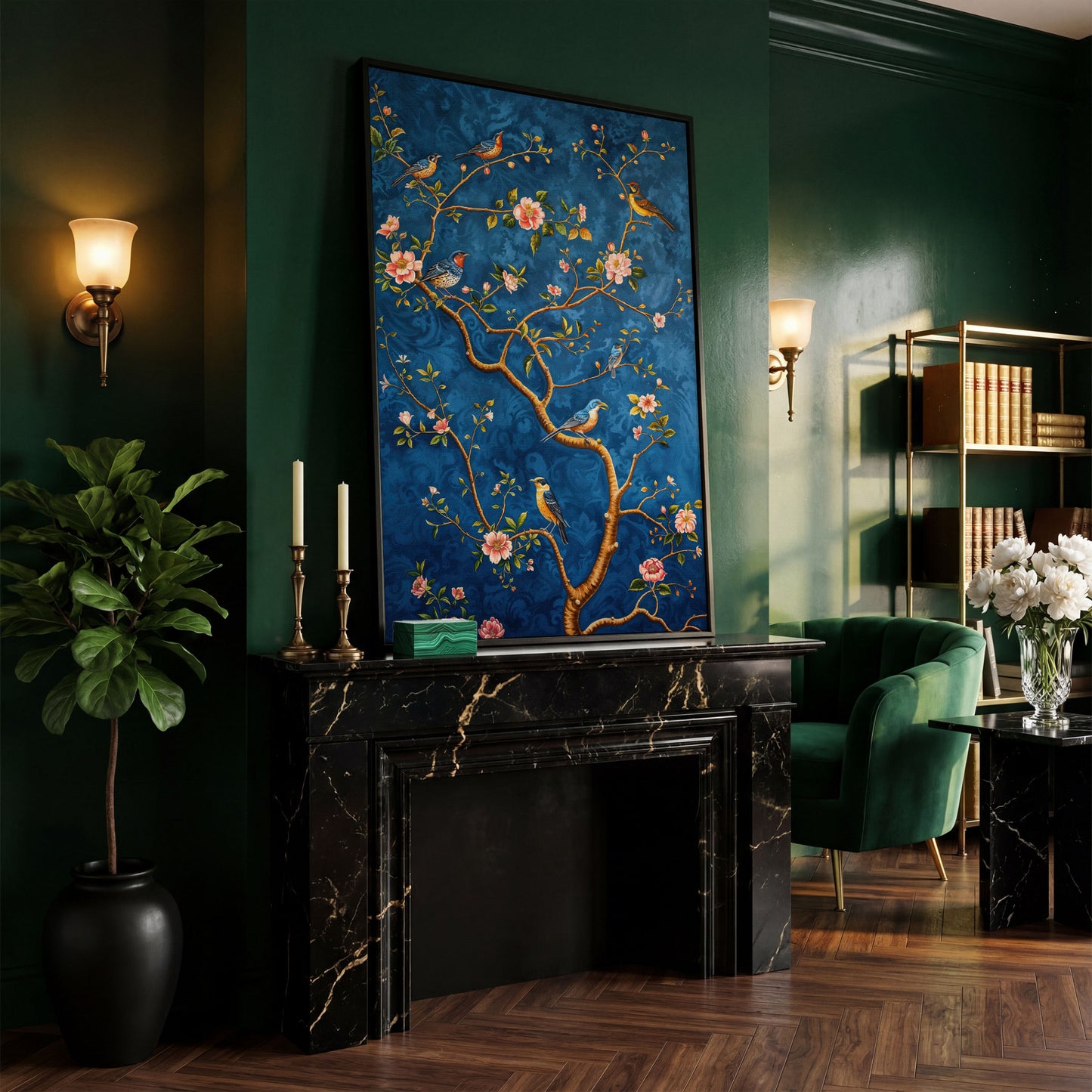 Botanical Birds Canvas Print. Chinoiserie Branch in Teal and Salmon in black floating frame