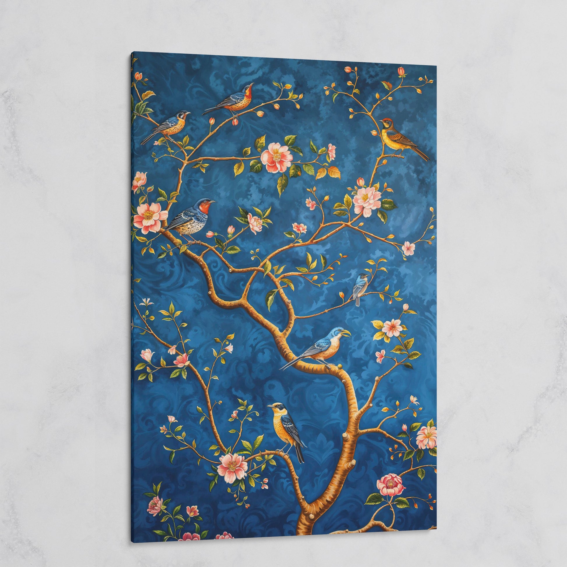 Botanical Birds Canvas Print. Chinoiserie Branch in Teal and Salmon on gallery wrap