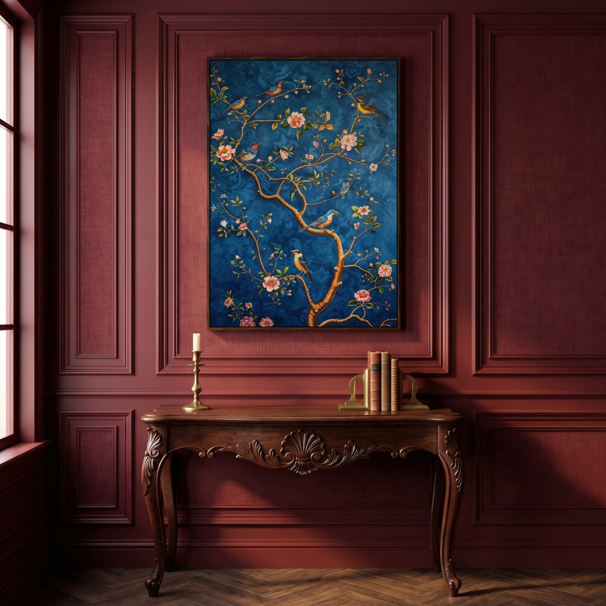 Botanical Birds Canvas Print. Chinoiserie Branch in Teal and Salmon in dark walnut floating frame