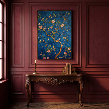 Botanical Birds Canvas Print. Chinoiserie Branch in Teal and Salmon in dark walnut floating frame