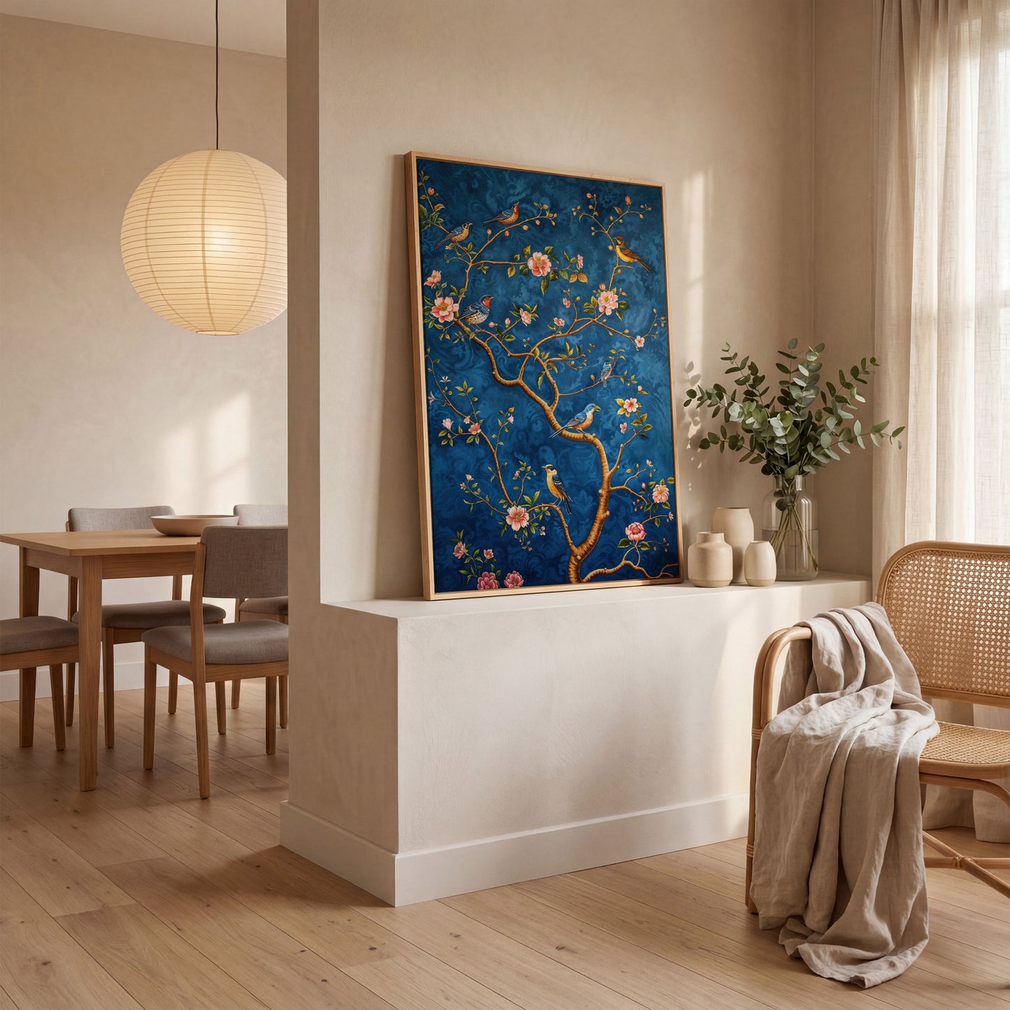 Botanical Birds Canvas Print. Chinoiserie Branch in Teal and Salmon in white oak floating frame