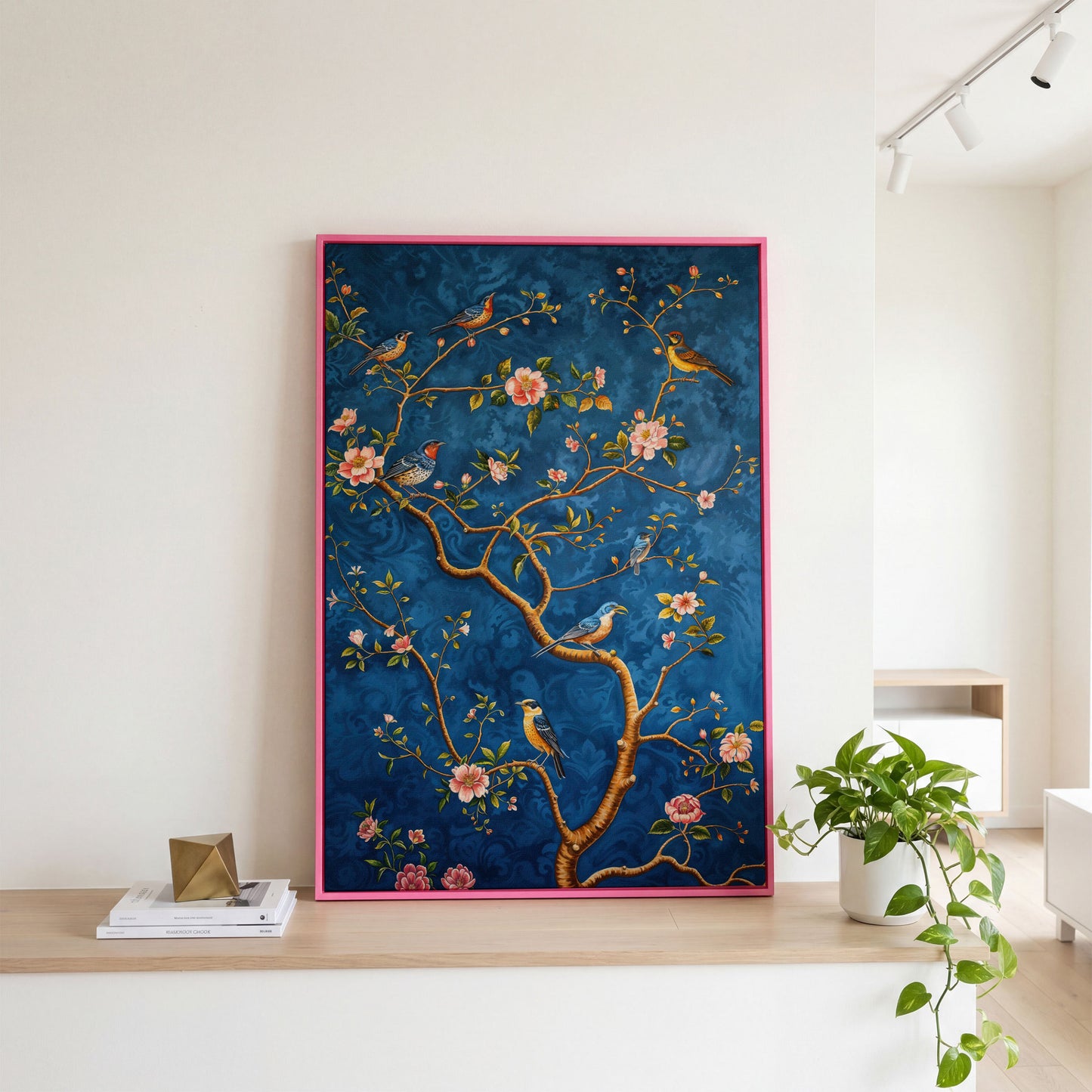 Botanical Birds Canvas Print. Chinoiserie Branch in Teal and Salmon in pink floating frame