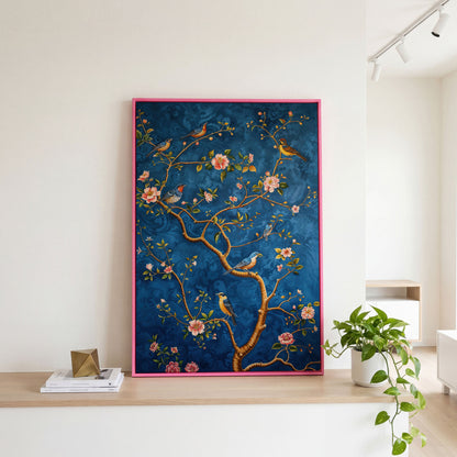 Botanical Birds Canvas Print. Chinoiserie Branch in Teal and Salmon in pink floating frame