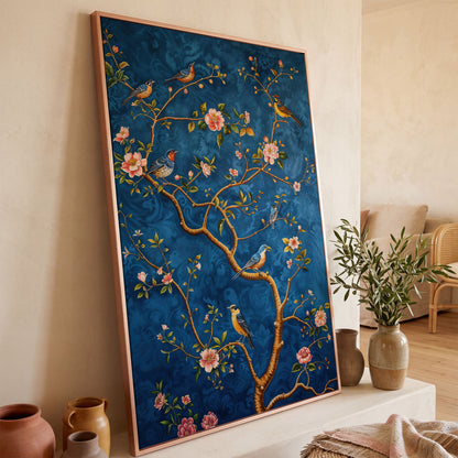 Botanical Birds Canvas Print. Chinoiserie Branch in Teal and Salmon in rose gold floating frame