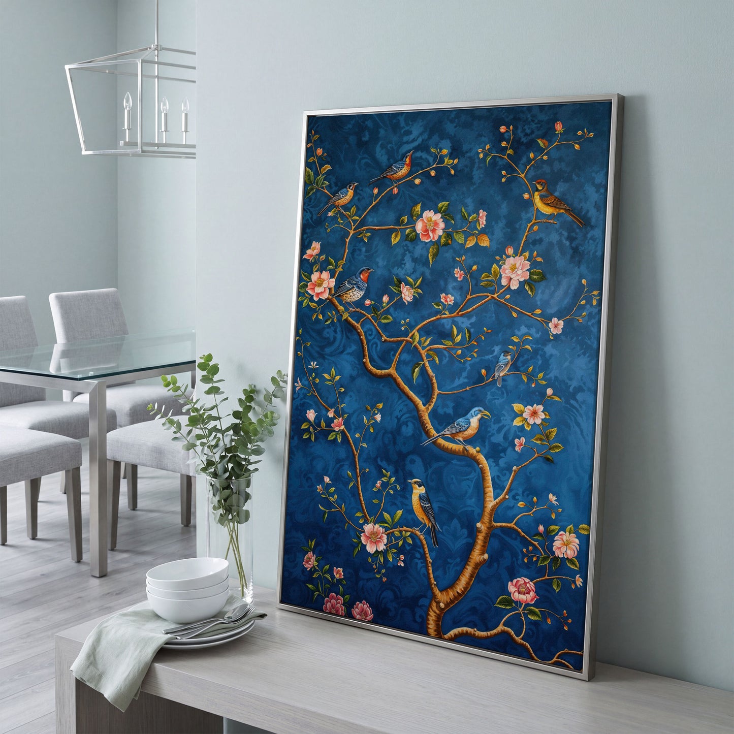 Botanical Birds Canvas Print. Chinoiserie Branch in Teal and Salmon in silver floating frame