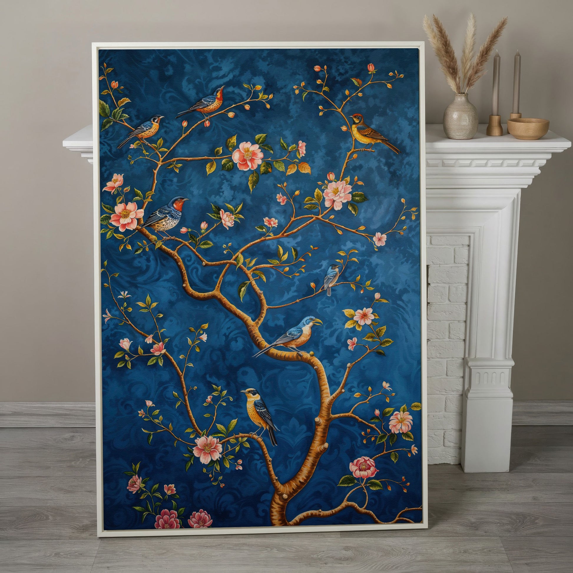 Botanical Birds Canvas Print. Chinoiserie Branch in Teal and Salmon in white floating frame