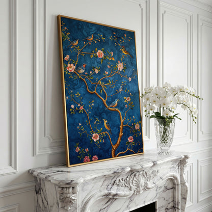 Botanical Birds Canvas Print. Chinoiserie Branch in Teal and Salmon in yellow gold floating frame