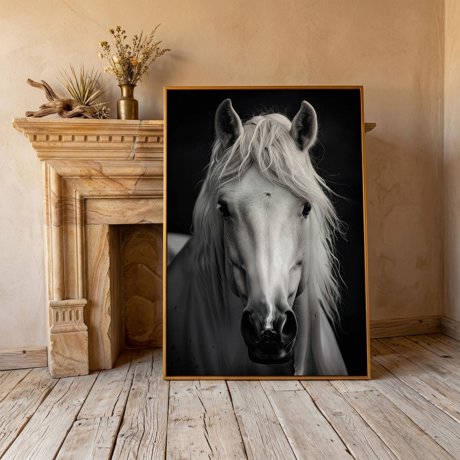 White Horse Portrait Canvas Art, Close-Up Equine Wall Art in antique gold floating frame