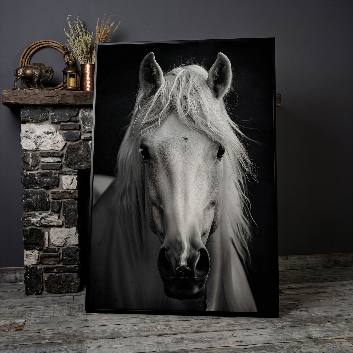 White Horse Portrait Canvas Art, Close-Up Equine Wall Art in black floating frame