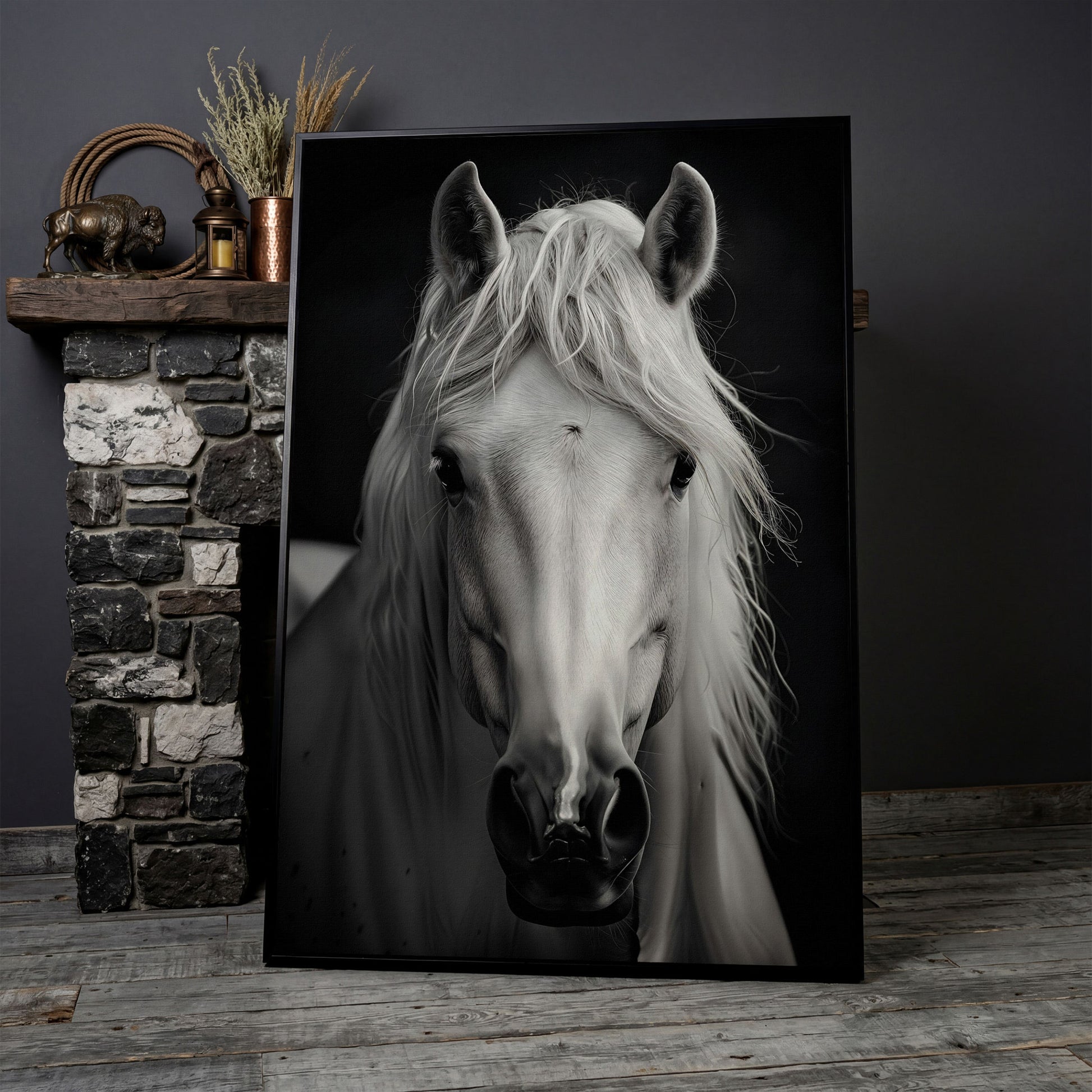 White Horse Portrait Canvas Art, Close-Up Equine Wall Art in black floating frame