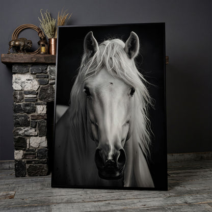 White Horse Portrait Canvas Art, Close-Up Equine Wall Art in black floating frame