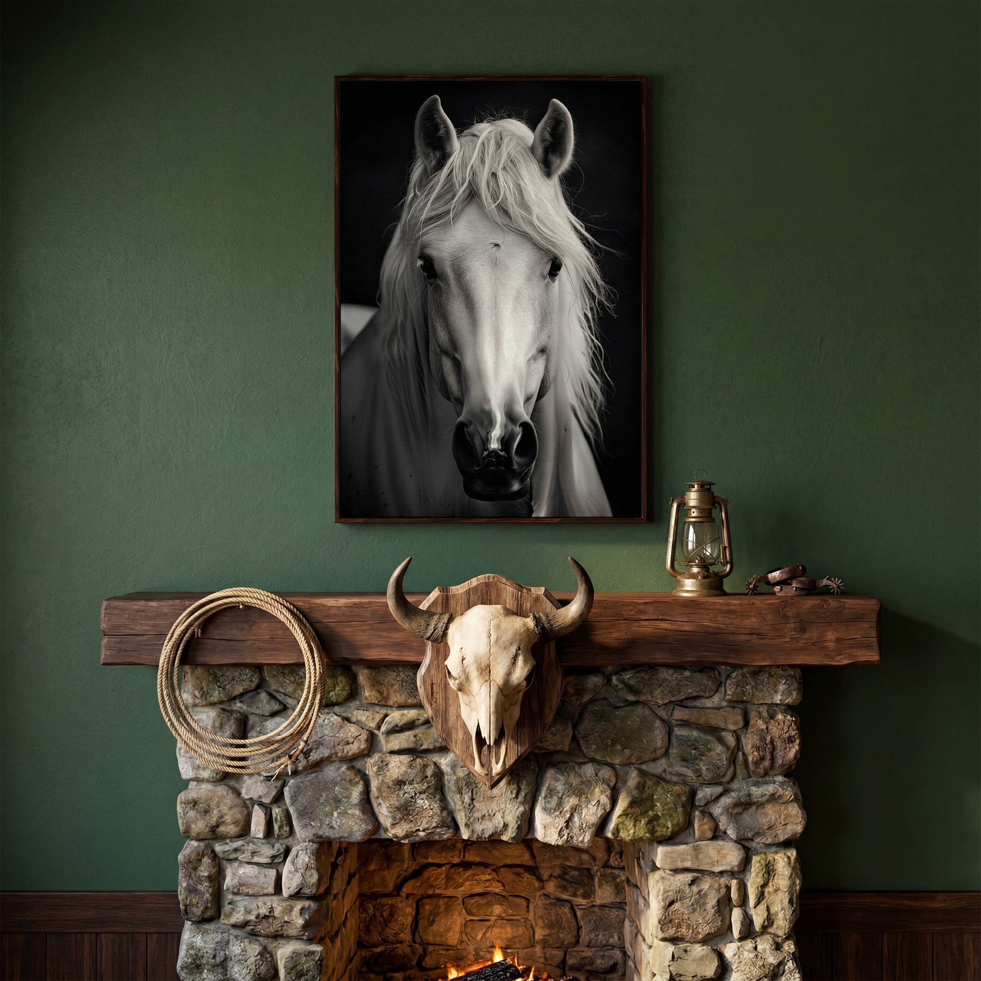 White Horse Portrait Canvas Art, Close-Up Equine Wall Art in dark walnut floating frame