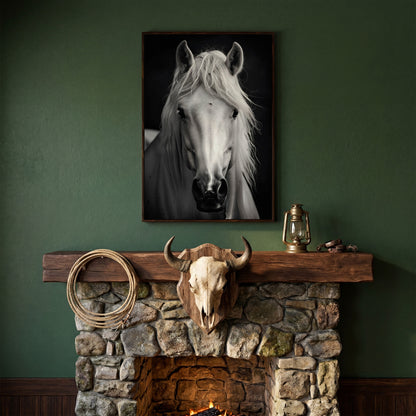 White Horse Portrait Canvas Art, Close-Up Equine Wall Art in dark walnut floating frame