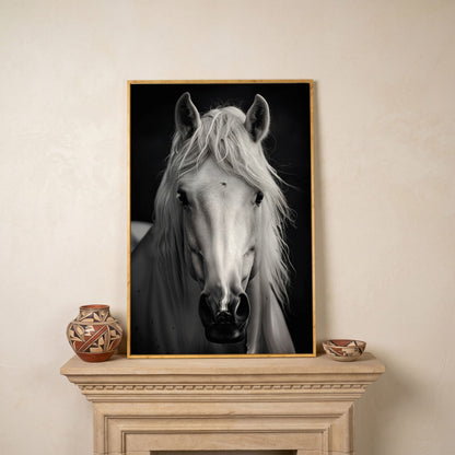 White Horse Portrait Canvas Art, Close-Up Equine Wall Art in white oak floating frame
