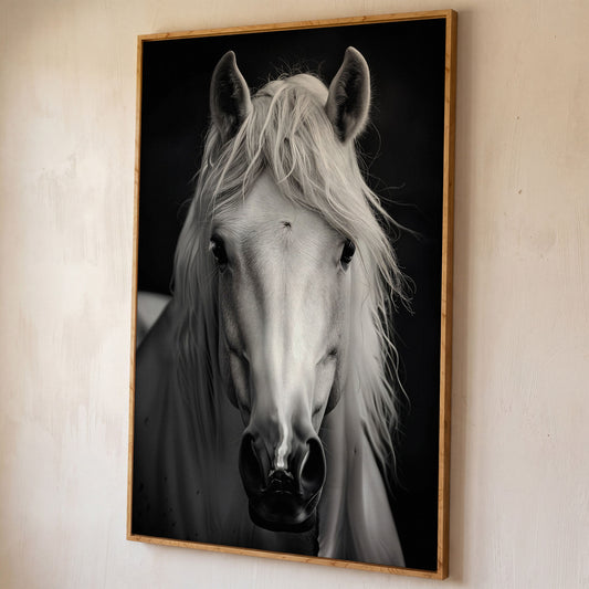 White Horse Portrait Canvas Art, Close-Up Equine Wall Art shown in white oak floating frame
