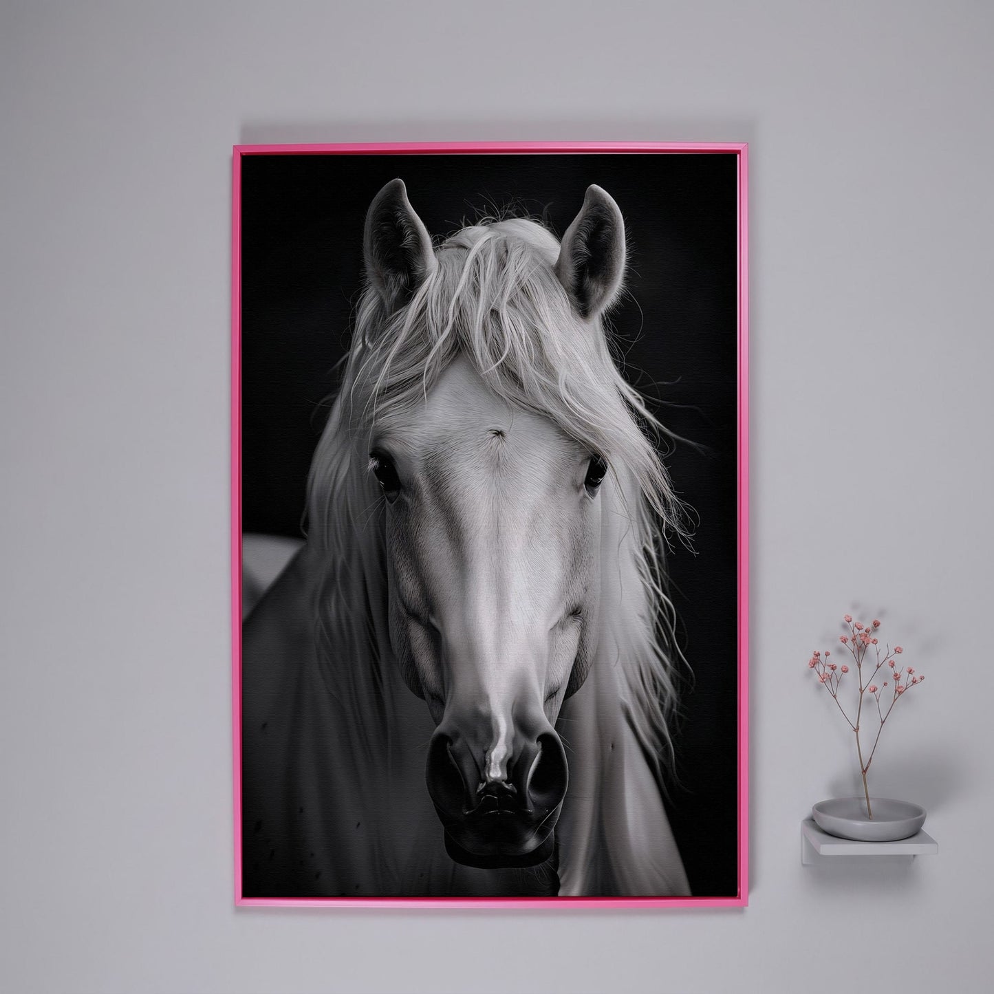 White Horse Portrait Canvas Art, Close-Up Equine Wall Art in pink floating frame