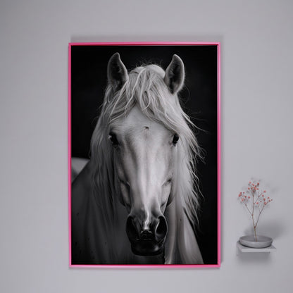 White Horse Portrait Canvas Art, Close-Up Equine Wall Art in pink floating frame