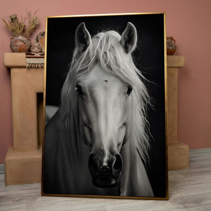 White Horse Portrait Canvas Art, Close-Up Equine Wall Art in rose gold floating frame