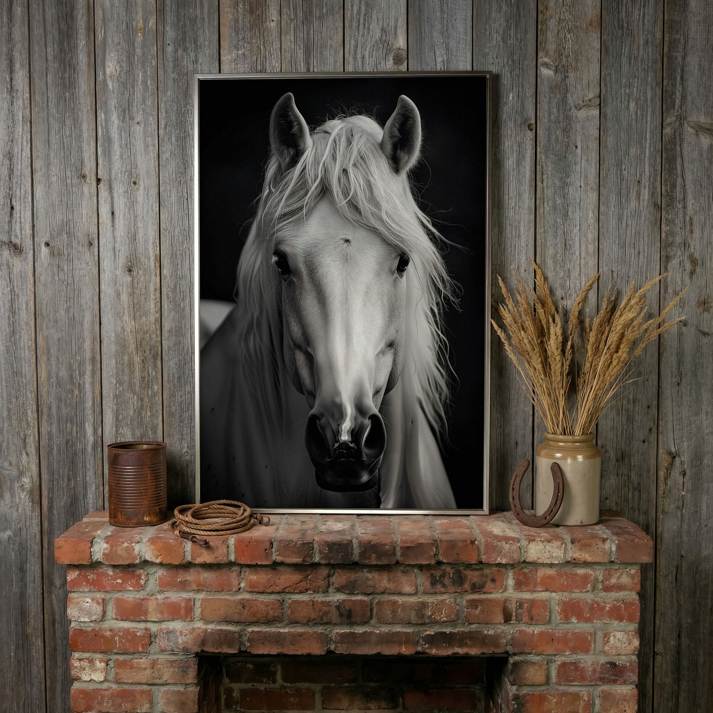 White Horse Portrait Canvas Art, Close-Up Equine Wall Art in silver floating frame