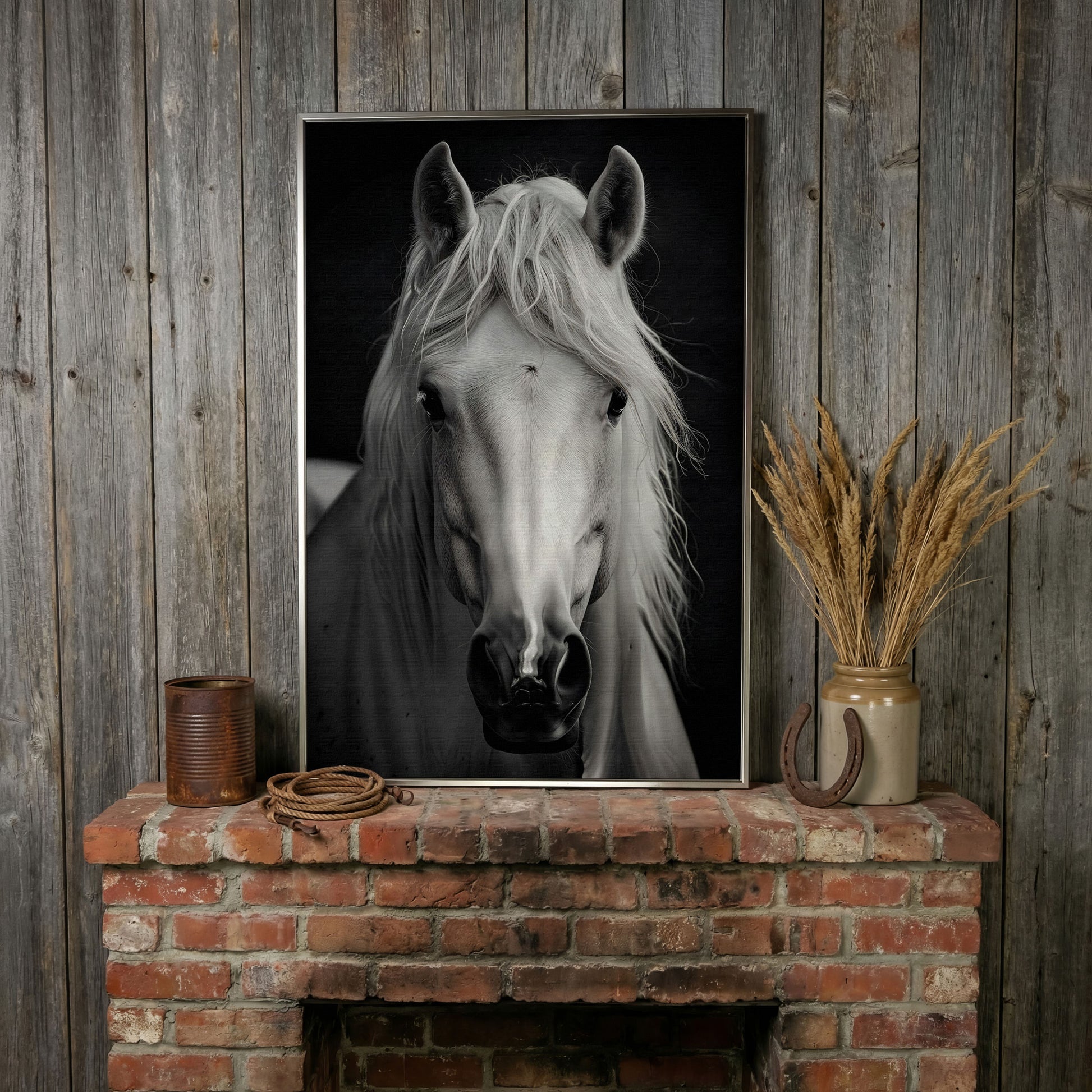 White Horse Portrait Canvas Art, Close-Up Equine Wall Art in silver floating frame