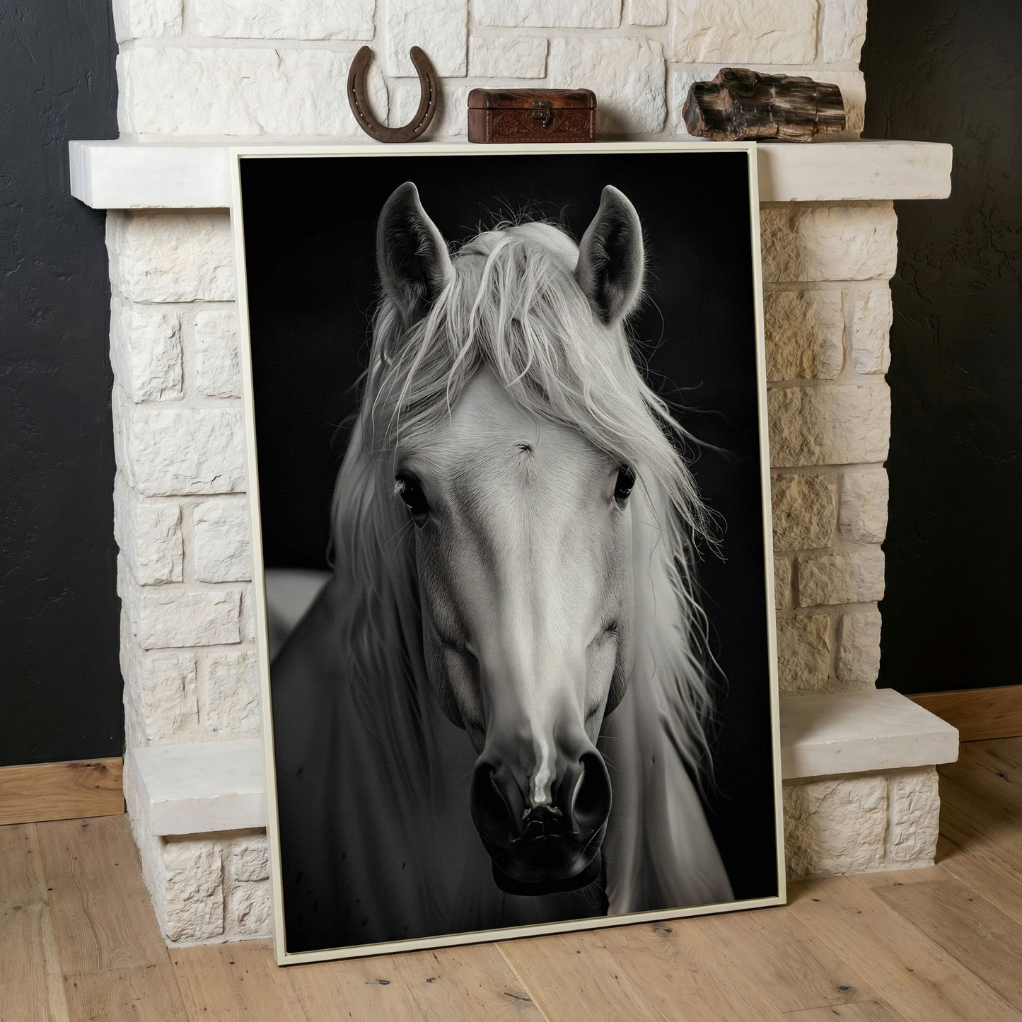 White Horse Portrait Canvas Art, Close-Up Equine Wall Art in white floating frame