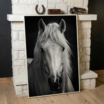 White Horse Portrait Canvas Art, Close-Up Equine Wall Art in white floating frame