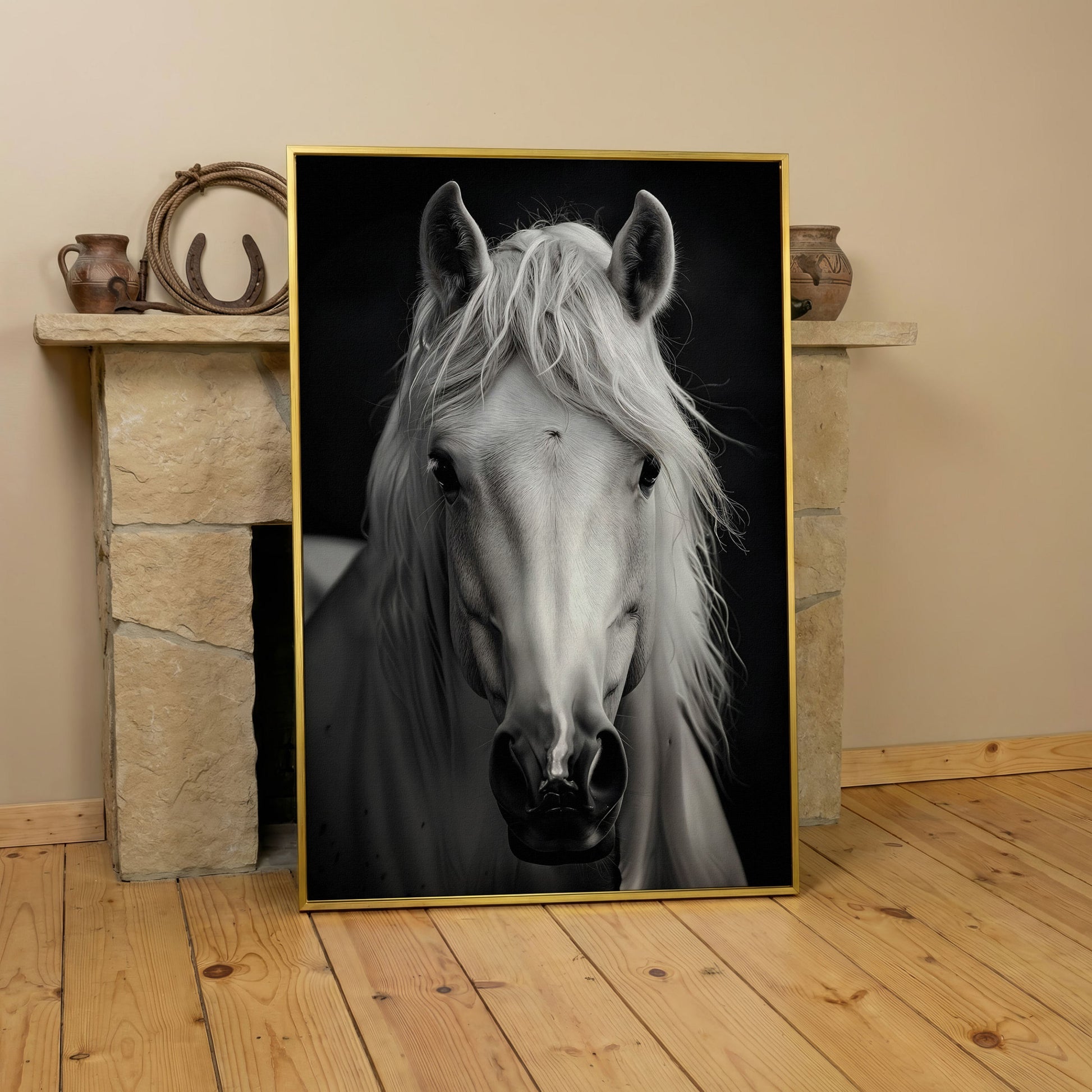 White Horse Portrait Canvas Art, Close-Up Equine Wall Art in yellow gold floating frame