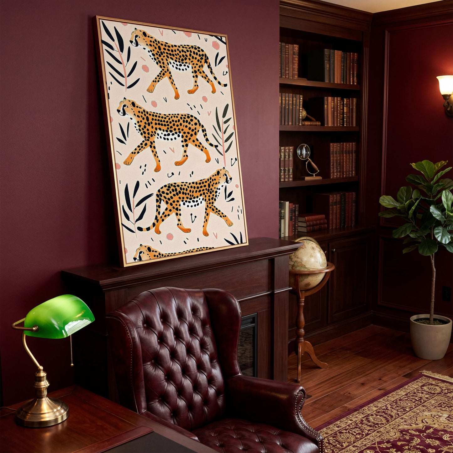 Cheetahs in Motion Canvas Art with Botanical Pattern in antique gold floating frame
