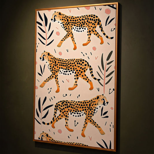 Cheetahs in Motion Canvas Art with Botanical Pattern shown in antique gold floating frame