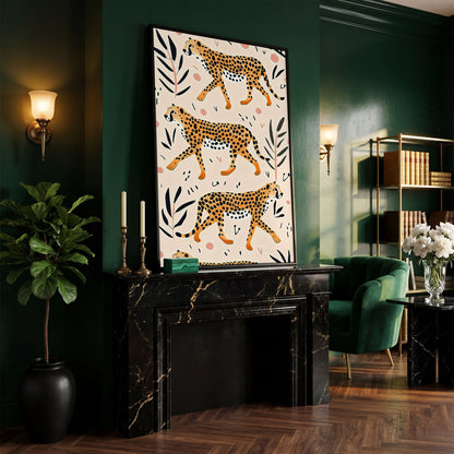 Cheetahs in Motion Canvas Art with Botanical Pattern in black floating frame
